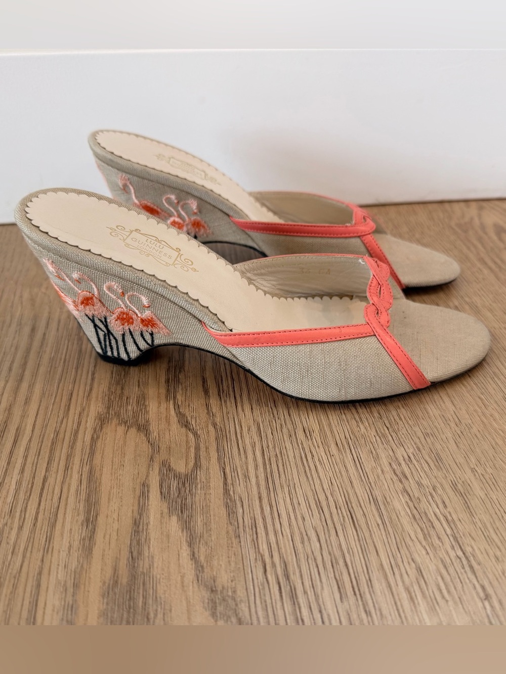 Lulu Guinness Flamingo Embroidered Wedge Sandals